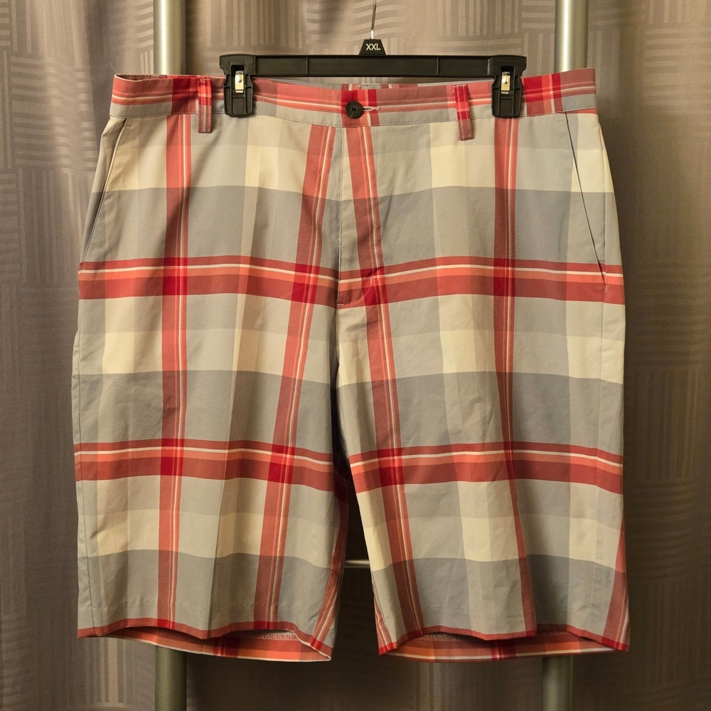 Adidas Mens Plaid Golf Shorts Red Grey White Size 36 Flat Front Performance